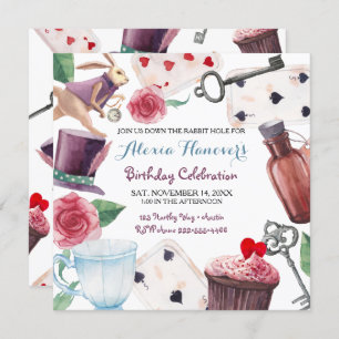 Alice in Wonderland Watercolor Hand Painted Rabbit Invitation