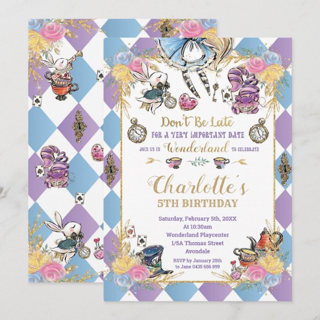 Alice in Wonderland Whimsical Birthday Tea Party Invitation (Front/Back)