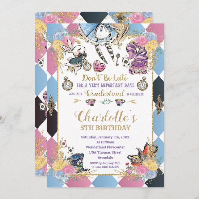Alice in Wonderland Whimsical Birthday Tea Party Invitation (Front/Back)