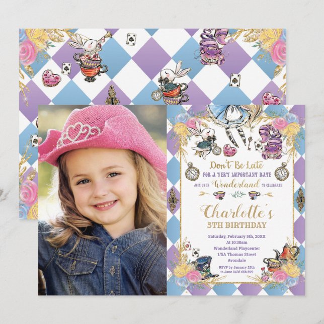 Alice in Wonderland Whimsical Birthday Tea Photo Invitation (Front/Back)