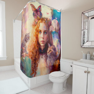 Alice in Wonderland   Whimsical Dreamy Cat Lover Shower Curtain