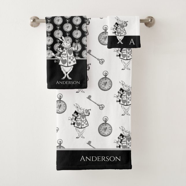 Alice in Wonderland White Rabbit Black  bathroom  Bath Towel Set (Insitu)
