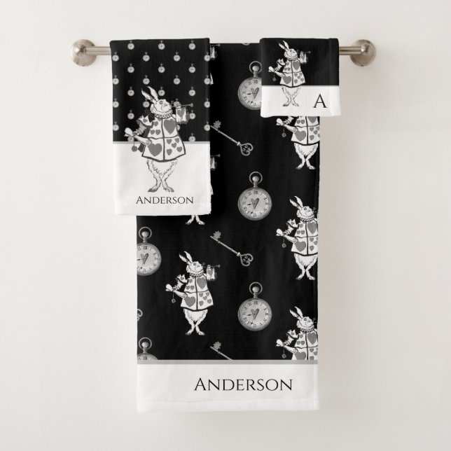 Alice in Wonderland White Rabbit Black  bathroom  Bath Towel Set (Insitu)