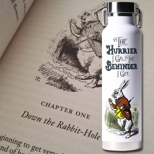 Alice in Wonderland White Rabbit Full Colour Water Bottle (Alice in Wonderland "The Hurrier I Go the Behinder I Get". Keep your water cold or your coffee hot.)