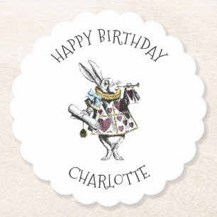 Alice in Wonderland White Rabbit Happy Birthday Paper Coaster