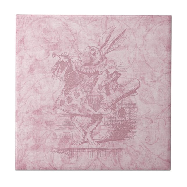 Alice in Wonderland White Rabbit Pink Floral Art Ceramic Tile (Front)