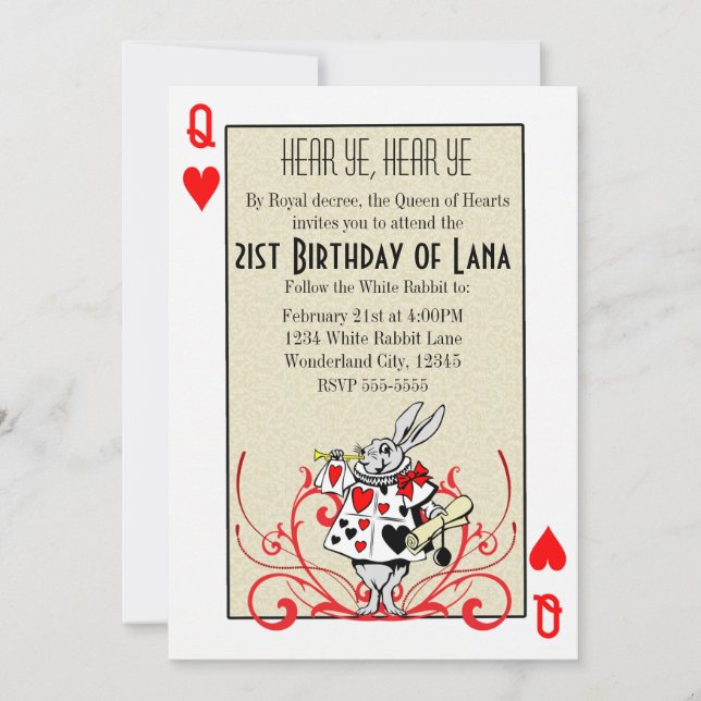 Alice in Wonderland White Rabbit Queen of Hearts Invitation (Front)