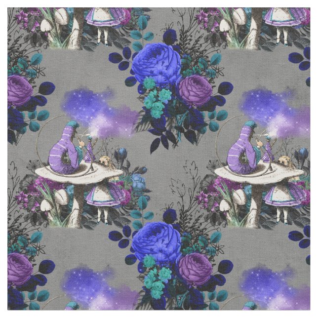 Alice in Wonderland with Caterpillar and Roses Fabric (Close Up)
