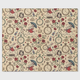 Alice inspired white rabbit, clocks and roses wrapping paper