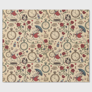 Alice inspired white rabbit, clocks and roses  wrapping paper