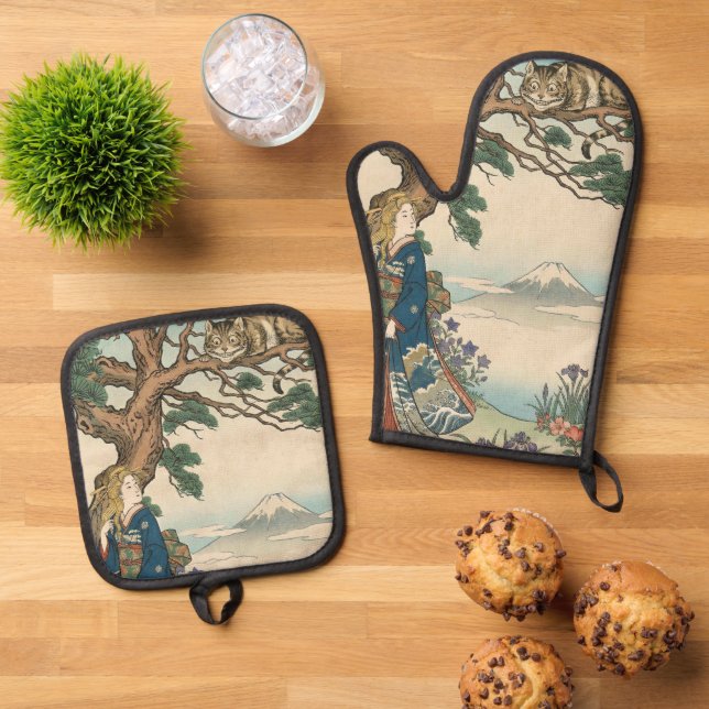 Alice Lost in Japan | Ukiyo-e Mad Journey Oven Mitt & Pot Holder Set (Top Down)