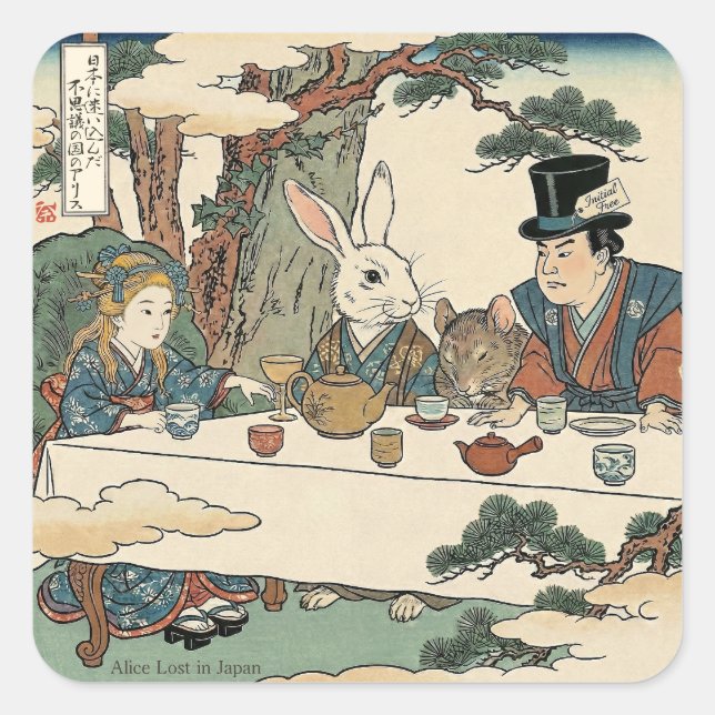 Alice Lost in Japan | Ukiyo-e Mad Tea Party Square Sticker (Front)