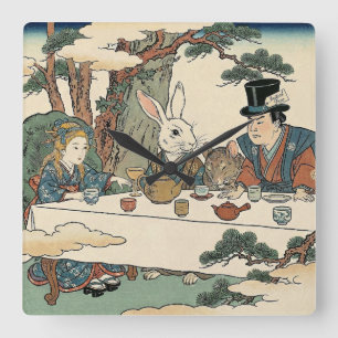 Alice Lost in Japan Ukiyo-e Mad Tea Party Square Wall Clock