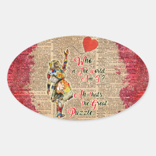 Alice,Mad Hatter &Rabbit Vintage Collage Quote Oval Sticker