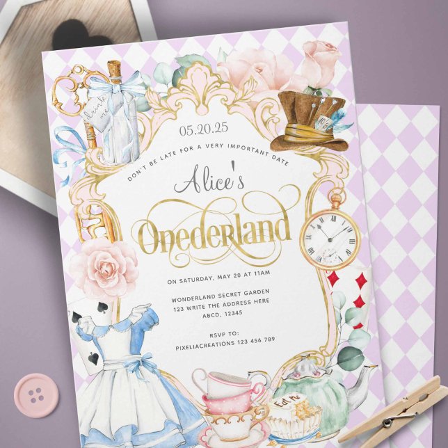 Alice mad hatter wonderland tea party 1st birthday invitation (Alice in Onederland, Girl 1st birthday invitation. Cute purple pastel birthday invite.)