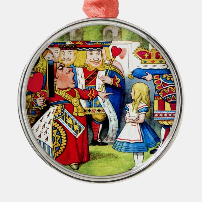 Alice Meets the Queen of Hearts in Wonderland Metal Ornament (Front)