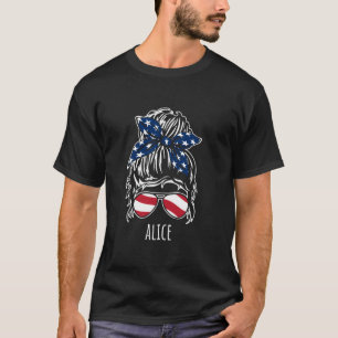 Alice Messy Hair Bun with USA Ribbon Sunglasses De T-Shirt