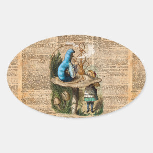 Alice,Mushroom and Jin,Vintage Dictionary Art Oval Sticker
