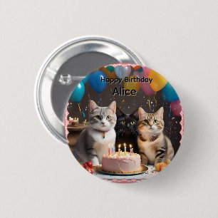 Alice Name With Birthday Party Cats, 6 Cm Round Badge