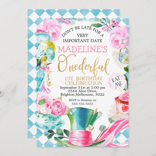 Alice Onederful 1st Birthday Invitation (Front/Back)