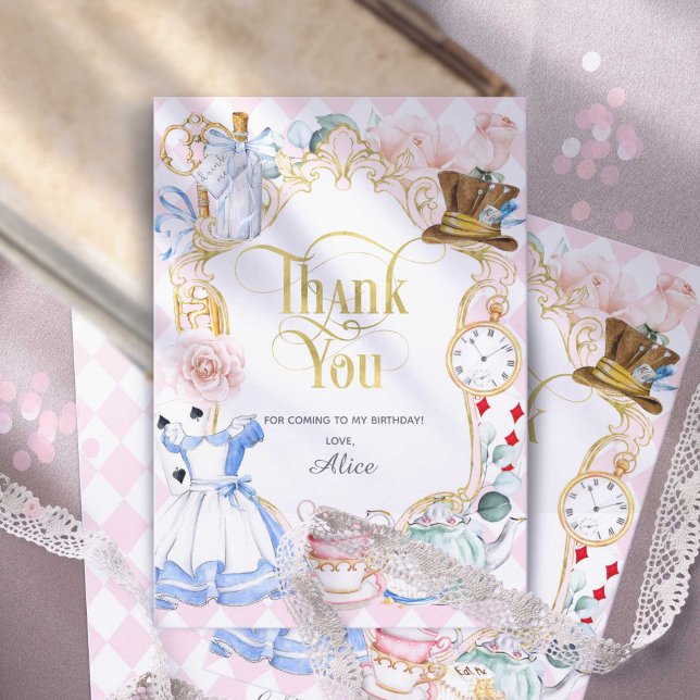 Alice Onederland, Mad hatter, Girl 1st birthday Thank You Card (Pink, Alice in Wonderland, girl 1st birthday thank you cards)