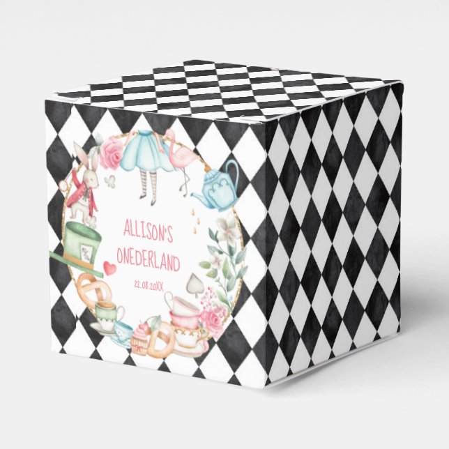 Alice Onederland Mad Tea Party Girl First Birthday Favour Box (Front Side)