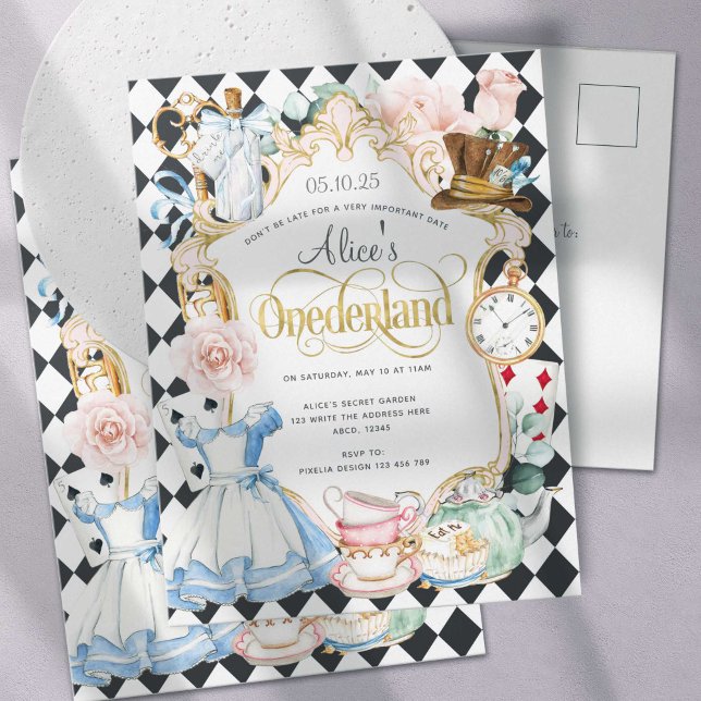 Alice Onederland tea party girl 1st birthday Invitation Postcard (Creator Uploaded)