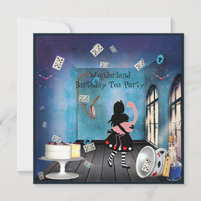 Alice & Pink Flamingo Wonderland Birthday Party Invitation (Front)