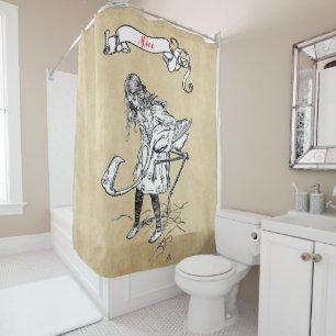 Alice playing croquet with a flamingo shower curtain