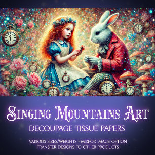 Alice Rabbit Floral Clock Fantasy Decoupage  Tissue Paper