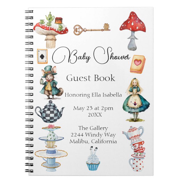 Alice Tea Party Themed Baby Shower Guest Notebook (Front)