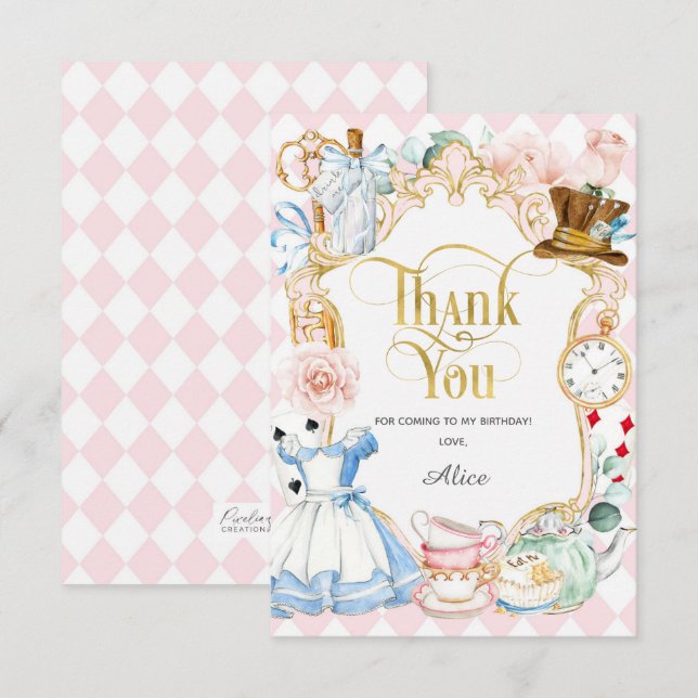Alice tea party wonderland, birthday thank you car (Front/Back)