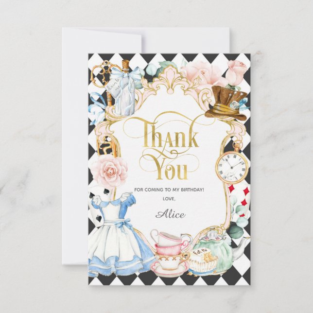 Alice tea party wonderland, birthday thank you card (Front)