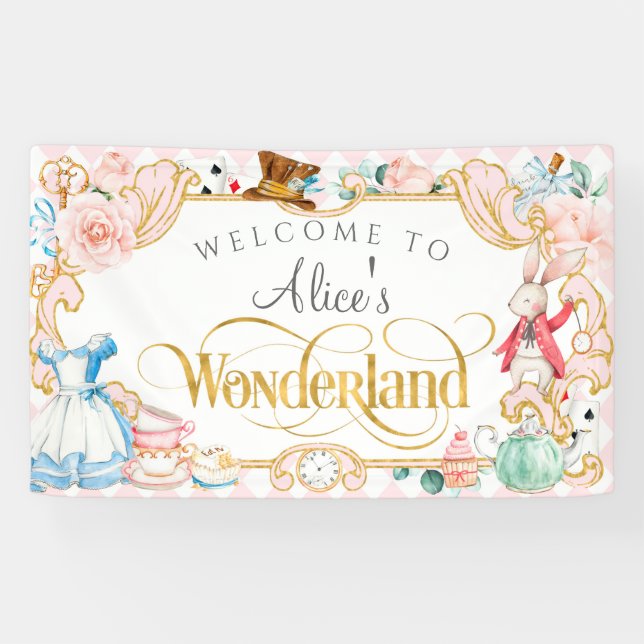 Alice tea party Wonderland mad hatter pink floral Banner (Horizontal)