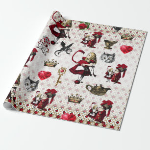 Alice, tenniel, black and red queen of hearts wrapping paper