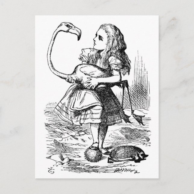 Alice trying to play croquet with a flamingo postcard (Front)