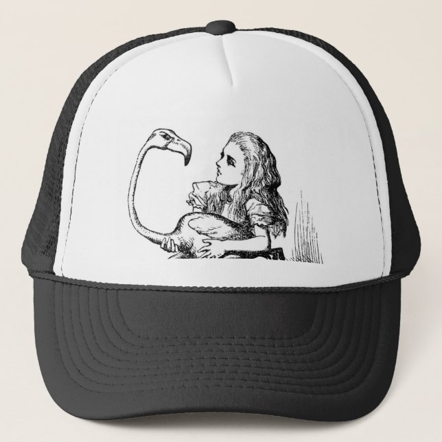 Alice trying to play croquet with a flamingo trucker hat (Front)