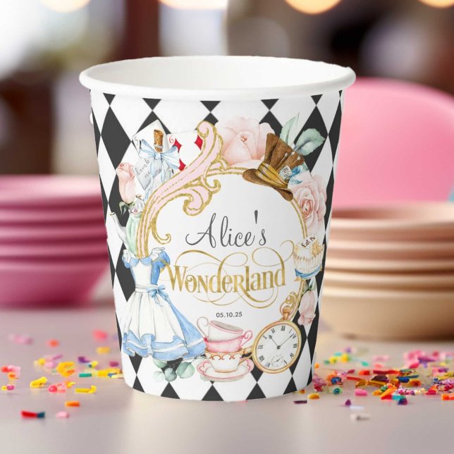 Alice Wonderland mad hatter tea party birthday Pap Paper Cups (Alice in Wonderland, Mad hatter Tea party, Girl birthday paper cups.)