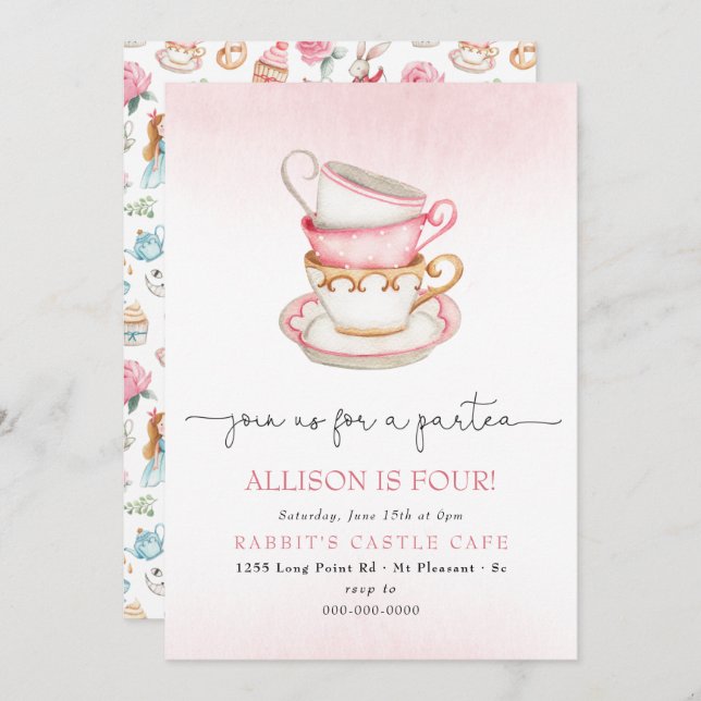 Alice Wonderland Par-Tea Girl Tea Birthday Party  Invitation (Front/Back)