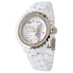 Alice Wonderland,  Rhinestone White Enamel Watch
