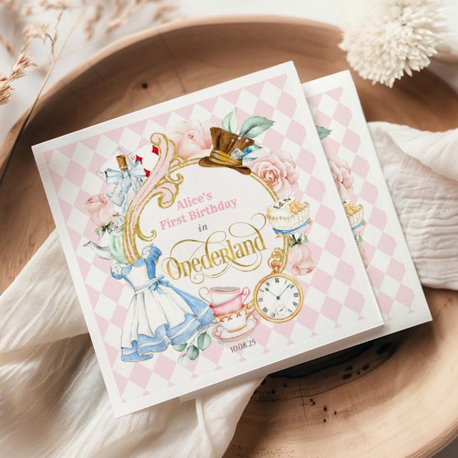 Alice Wonderland Tea Party, Girl 1st birthday  Napkin (Pink Alice's First Birthday in ONEderland, Girl's 1st Birthday Party Napkins.)