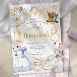 Alice's Onederland mad hatter tea party  Invitation<br><div class="desc">Alice's Onederland mad hatter tea party Invitation. Alice in wonderland themed Girl first birthday party invitations with pink watercolor spring floral & pretty tea party illustrations.</div>