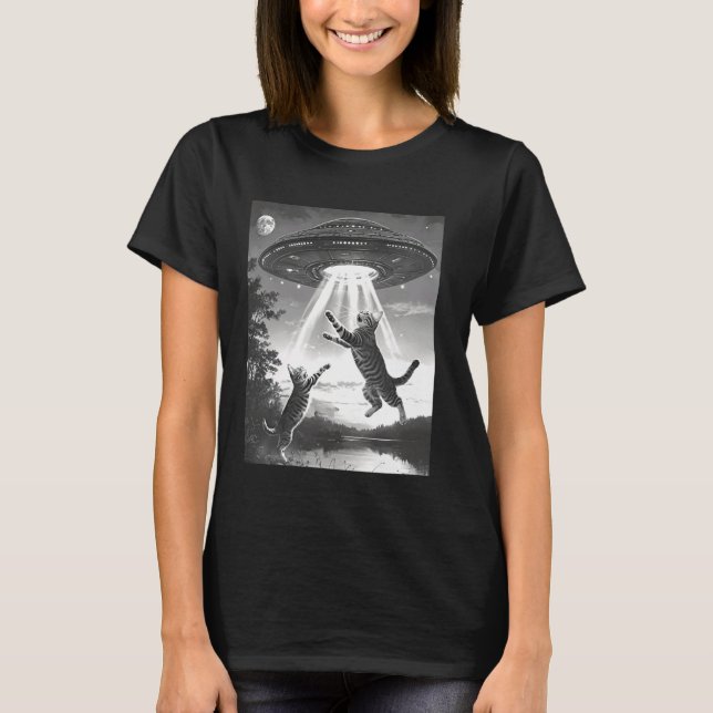 Alien Abduction Cats UFO Flying Saucer Space Funny T-Shirt (Front)