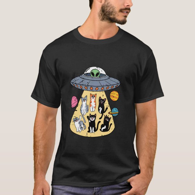 Alien Abduction Cats With Planets Fun T-Shirt (Front)