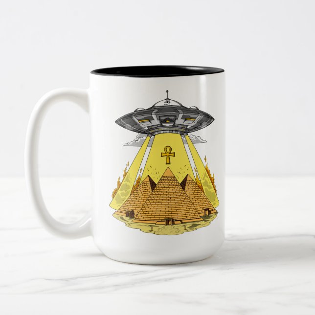 Alien Abduction Egyptian Pyramids Ancient UFO Two-Tone Coffee Mug (Left)