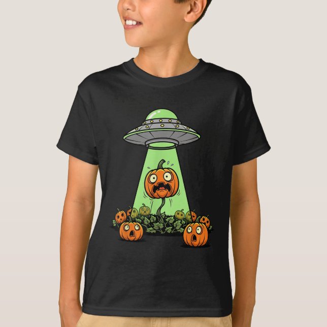 Alien Abduction Funny Pumpkin Halloween Light Ufo  T-Shirt (Front)