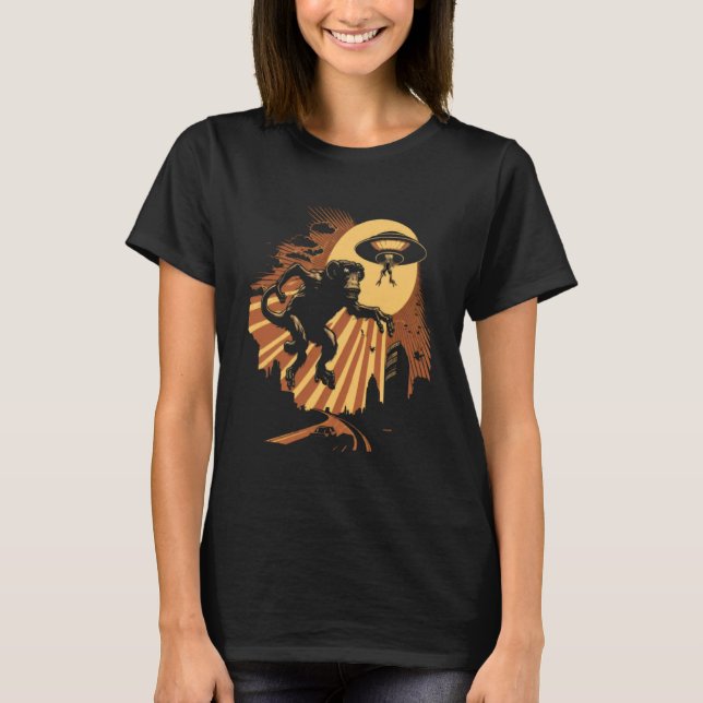Alien Abduction Monkey Ape UFO Spaceship Extraterr T-Shirt (Front)