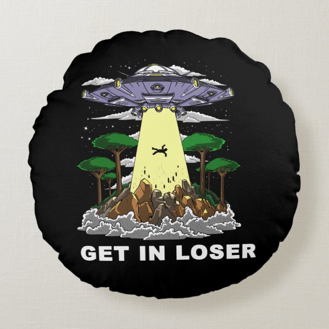 Alien Abduction Space UFO Conspiracy Round Cushion (Front)