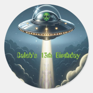 Alien Abduction UFO Blue Clouds Birthday Party Classic Round Sticker