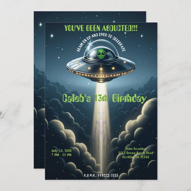 Alien Abduction UFO Blue Clouds Birthday Party Invitation (Front/Back)